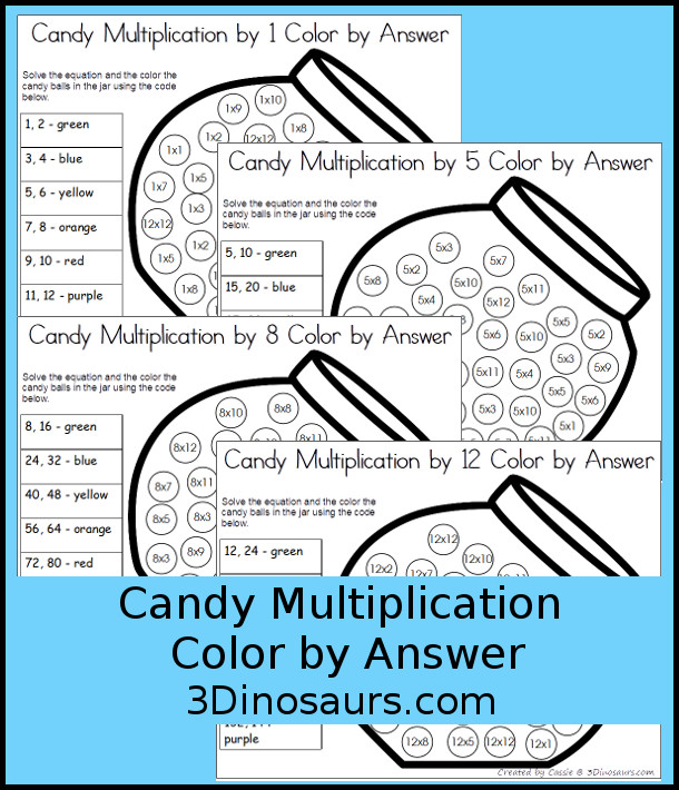 Free Candy Multiplication Color by Answer - multiplication 1 to 12 in a easy to print no-prep printable - 3Dinosaurs.com #no-prep #mutliplication #freeprintables #mathprintables