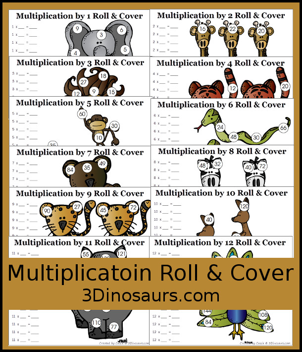 Free Multiplication Roll & Cover Printable - a fun zoo-themed math activity that kids can use to work on multiplication from 1 to 12 - 3Dinosaurs.com