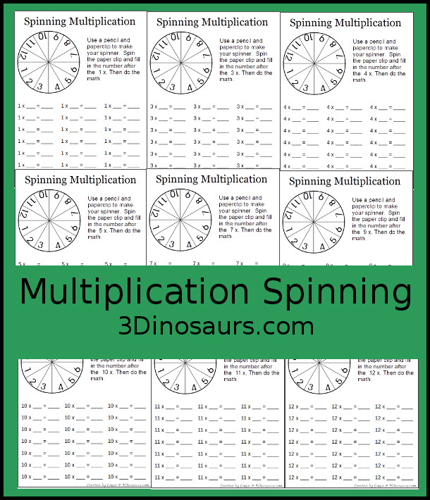 Free Spinning Multiplication Printable - an easy way to work on multiplication for numbers 1 to 12 in a no-prep worksheet - 3Dinosaurs.com