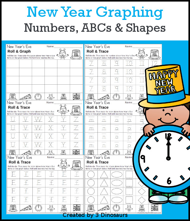 New Year Graphing Set With Trace Letters, Numbers & Shapes with a folding die and cube die with a graphing sheet, graphing with tracing numbers, graphing with tracing letters and graphing with tracing shapes. All with a fun new years Eve theme for  prek and kindergarten - 3Dinosaurs.com