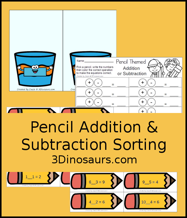 Free Pencil Addition & Subtraction Sorting - you have 12 pencils to sort with an addition and subjection mats with a recording sheet for all 12 pencils.- 3Dinosaurs.com