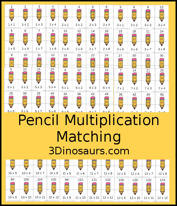 Pencil Multiplication Matching Puzzles - with multiplication for number 1 to 12 - with each number on a single page - 3Dinosaurs.com