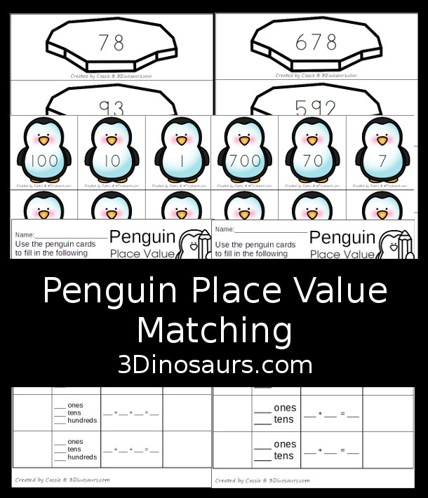 Free Penguin Place Value Matching Printable  - 2 levels of learning with place value up to hundreds for first grade and second grade learning with matching cards and recording sheets  - 3Dinosaurs.com