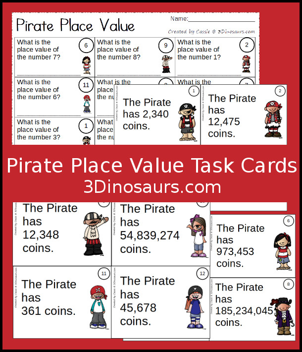 Free Pirate Themed Place Value Task Cards - 12 cards and one page to record answers - 3Dinosaurs.com