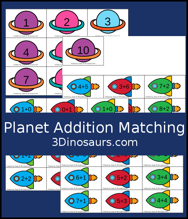 Free Planet Addition Matching - Adding from 1 to 10 with sorting three equations for each number. A great space addition math center for kids - 3Dinosaurs.com