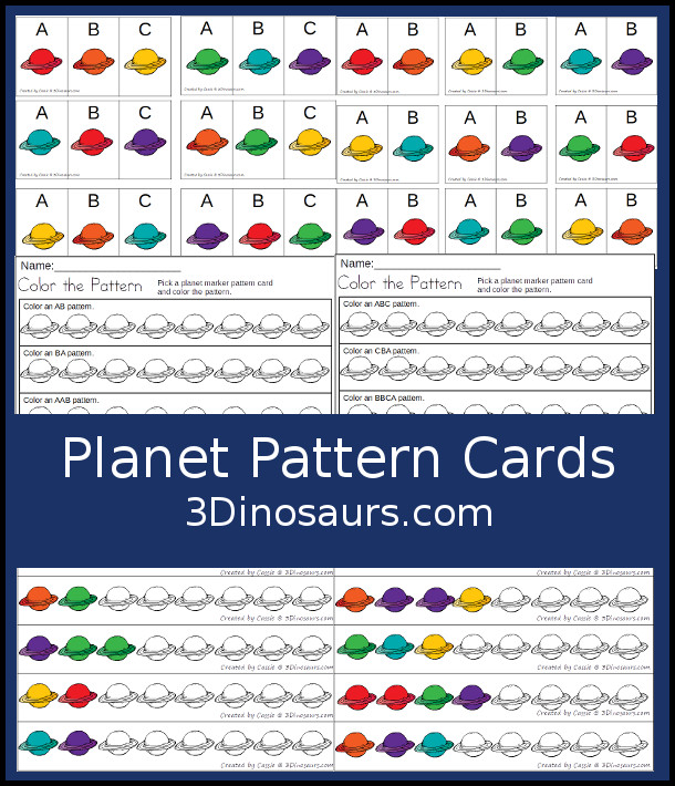 Free Planet Pattern Printable - a great way to work on patterns for a fun space theme with AB and ABC patterns for kids to use with pattern worksheets, pattern grids, continue the pattern for kindergarten and PreK pattern math. - 3Dinosaurs.com