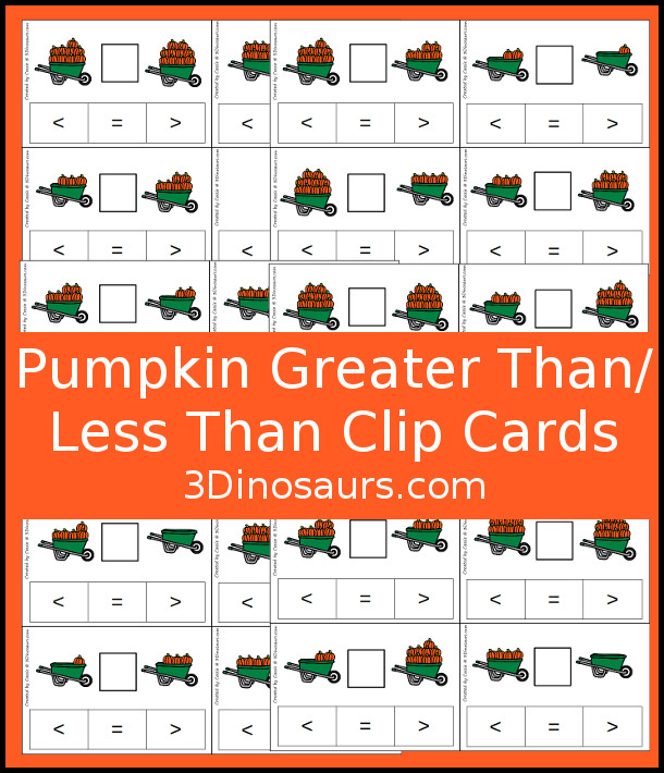 Free Pumpkin Themed Greater Than Less Than Clip Cards - hands-on look at numbers 0 to 10 - 3Dinosaurs.com