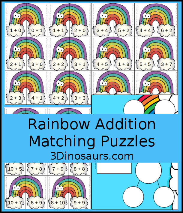 Free Rainbow Addition Matching - a fun addition matching game adding numbers from 1 to 20  with two piece puzzles and matching number bond mat for kindergarten and first grade - 3Dinosaurs.com