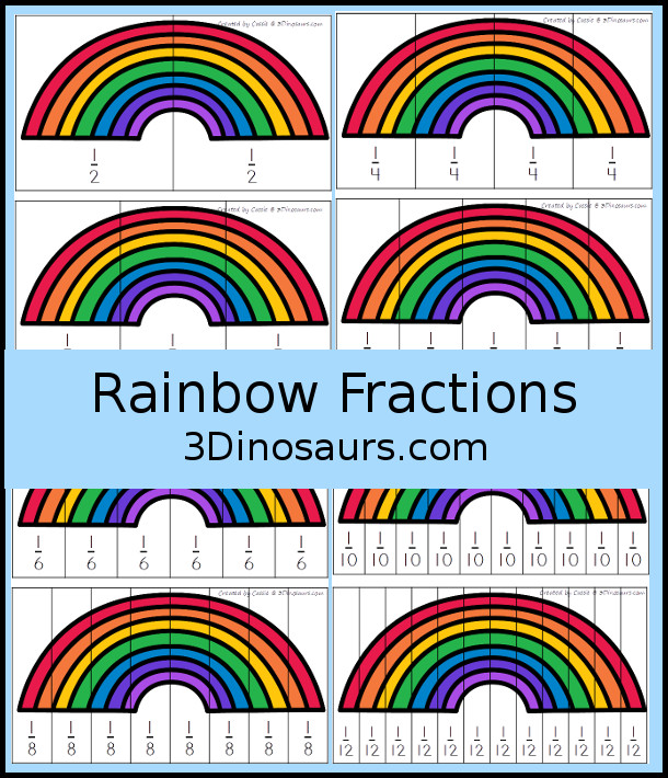 Free Rainbow Fractions Puzzles - 6 different fraction puzzles for kids to make with a building and comparing mat- 3Dinosaurs.com