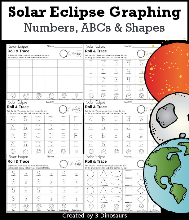 Solar Eclipse Roll & Graph With Trace Letters, Numbers & Shapes with a folding die and cube die with a graphing sheet, graphing with tracing numbers, graphing with tracing letters and graphing with tracing shapes. All with a fun solar eclipse theme for space theme for prek and kindergarten - 3Dinosaurs.com