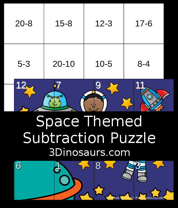 Free Space Subtraction Puzzles - with subtraction from 20 to 1  in a 12 piece puzzles for kids to have fun solving and matching - 3Dinosaurs.com