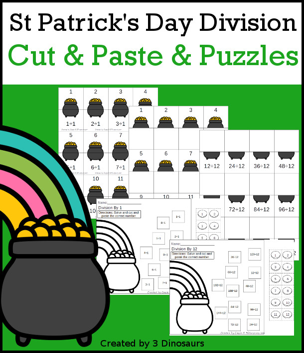 St. Patrick's Day Division Cut & Paste and Matching with cut and paste worksheets for division with numbers 1 to 12 and puzzles and matching mats  - 3Dinosaurs.com