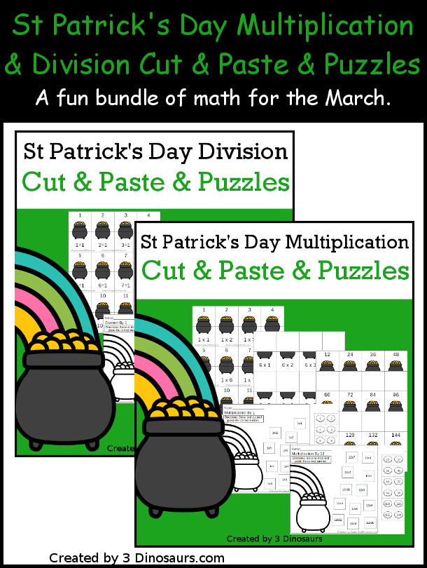 St. Patrick's Day Multiplication & Division Cut & Paste and Matching with cut and paste worksheets for division and multiplication with numbers 1 to 12 and match puzzles and matching mats for division and multiplication - 3Dinosaurs.com