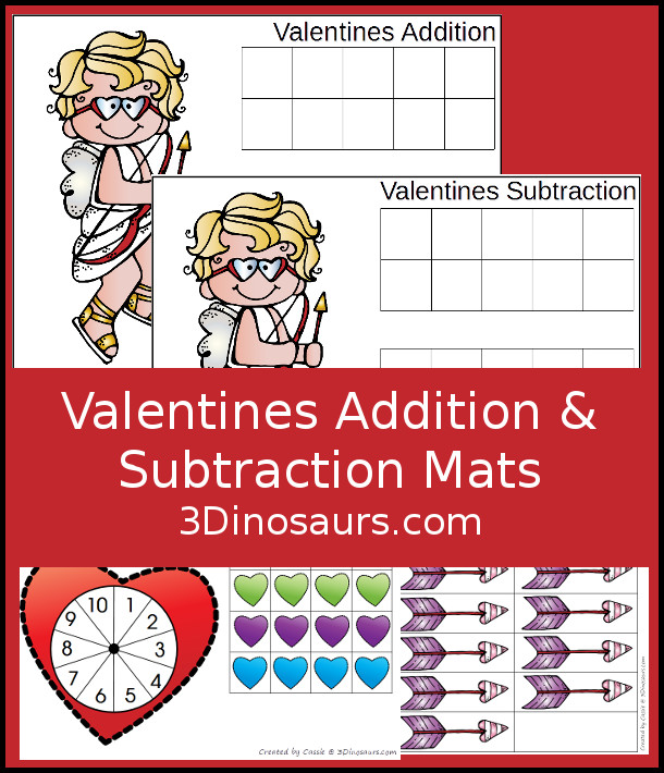 FREE Hands-On Valentines Themed Addition & Subtraction Mats - two mats with counters for ten frame and arrows for cupid - 3Dinosaurs.com