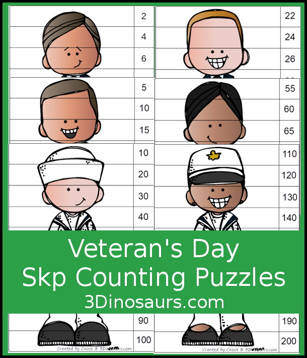 Free Veteran's Day Skip Counting Puzzles: Skip Count by 2, 5, 10 & 11 - fun skip counting puzzles with military people in the puzzles and an easy way to work on skip counting.  - 3Dinosaurs.com