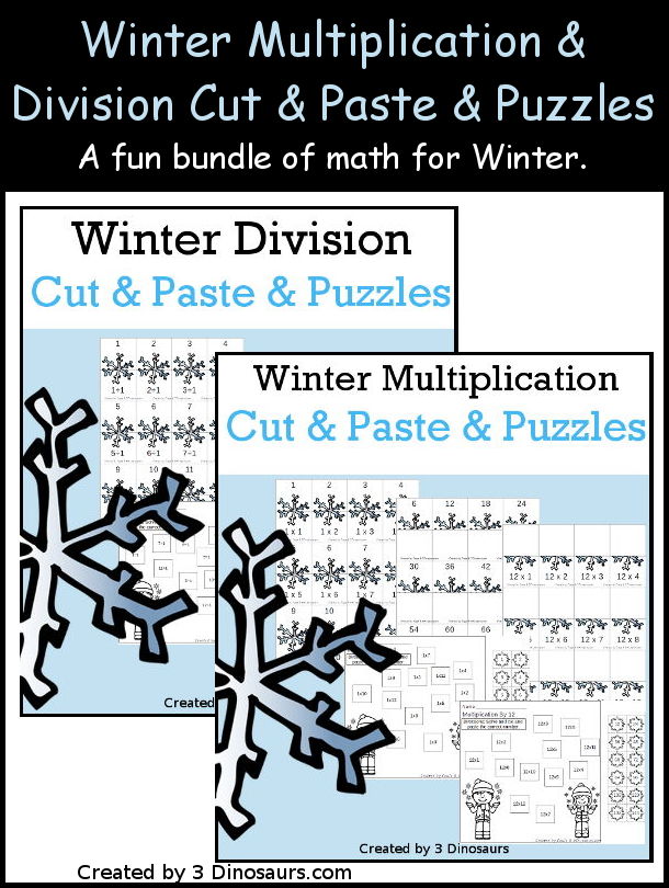 Winter Multiplication & Division Cut & Paste and Matching with cut and paste worksheets for division and multiplication with numbers 1 to 12 and match puzzles and matching mats for division and multiplication - 3Dinosaurs.com