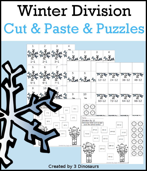 Winter Division Cut & Paste and Matching with cut and paste worksheets for division with numbers 1 to 12 and puzzles and matching mats  - 3Dinosaurs.com
