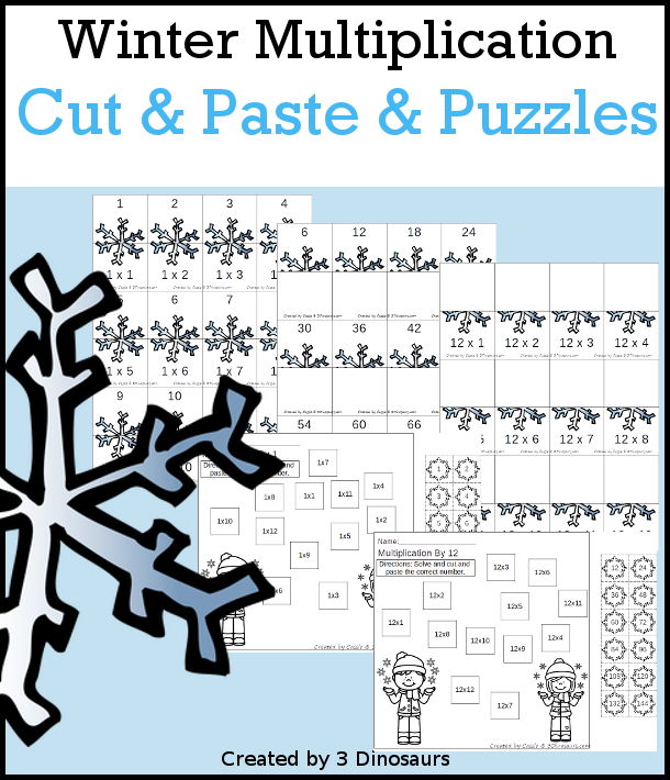 Winter Multiplication Cut & Paste and Matching with cut and paste worksheets for multiplication with numbers 1 to 12 and puzzles and matching mats  - 3Dinosaurs.com