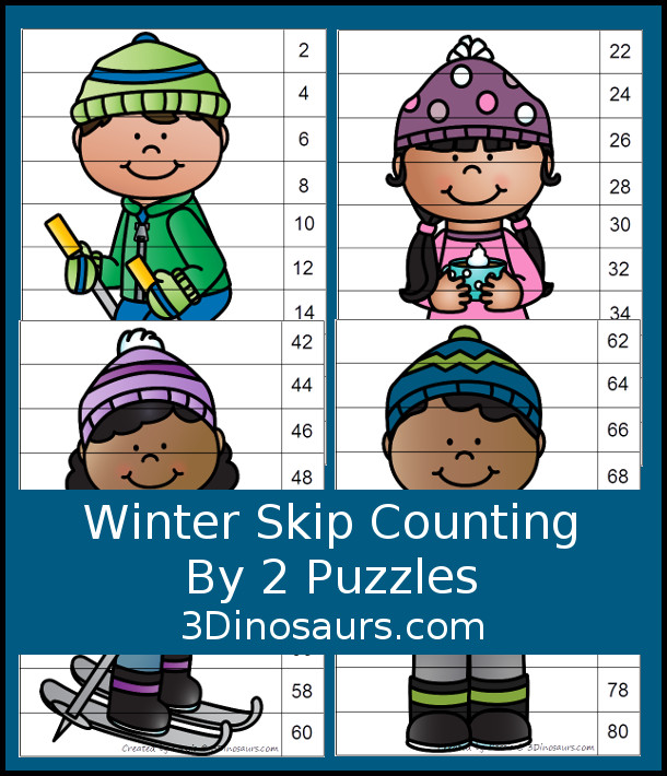 FREE Hands-On Winter Skip Counting by 2 Puzzles - 5 puzzles from numbers from 2 to 100 for the puzzles - 3Dinosaurs.com