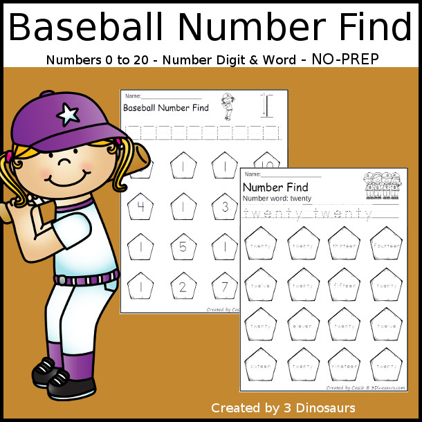 Baseball Number Find - easy to use no-prep printable numbers 0 to 20 $ - 3Dinosaurs.com