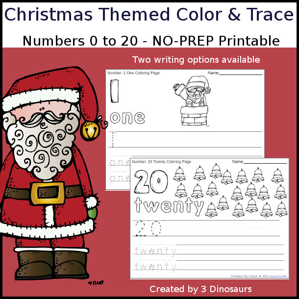 No-Prep Christmas Themed Number Color and Trace - easy no-prep printables with a fun Christmas themes 44 pages with two options for the numbers tracing or writing $ - 3Dinosaurs.com #noprepprintable #christmasprintables #numbersforkids