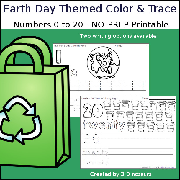 No-Prep Earth Day Themed Number Color and Trace - easy no-prep printables with a fun earth day theme 44 pages with two options for the numbers tracing or writing $ - 3Dinosaurs.com #noprepprintable #earthdayforkids #numbersforkids