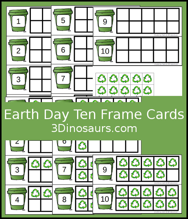 Free Earth Day Ten Frame Cards - two different types of cards to use - 3Dinosaurs.com