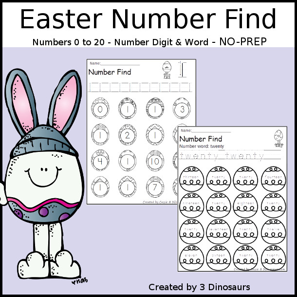 Easter Number Find with Numbers from 0 to 20 with numerical number find, and number word find for kids to work on tracing numbers and finding numbers in kindergarten and prek. - 3Dinosaurs.com