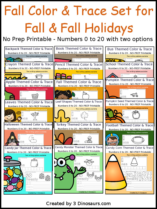 No-Prep Fall Number Color and Trace Bundle - easy no-prep printables with a fun fall themes 264 pages with two options for the numbers tracing or writing $ - 3Dinosaurs.com
