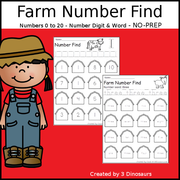 Farm Number Find - easy to use no-prep printable numbers 0 to 20 $ - 3Dinosaurs.com