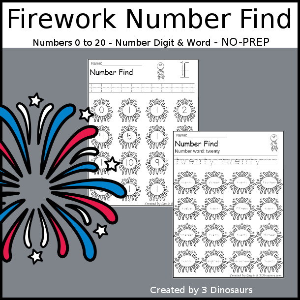 Fireworks Number Find Printable - with numerical number and nubmer word for kids to work on finding with numbers from 0 to 20. An easy no-prep number printable- 3Dinosaurs.com