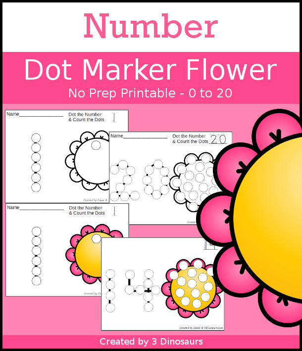 Flower Dot the Number & Count the Dots - numbers 0 to 20 with dot marker activities for kids to work on numbers and counting - 3Dinosaurs.com