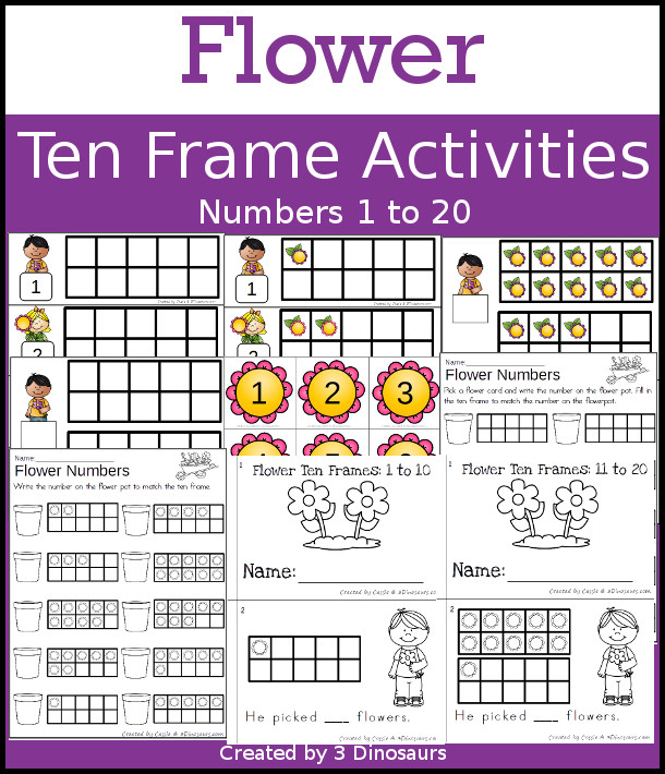 Flower Themed Ten Frame Set: 4 sets of number cards, hands-on and no prep printables, 2 easy reader books with numbers 1 to 20 $ - 3Dinosaurs.com