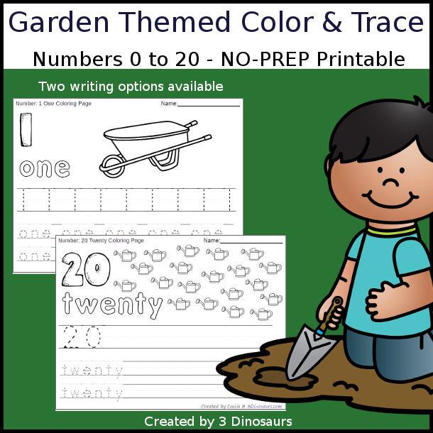 No-Prep Garden Themed Number Color and Trace - easy no-prep printables with a fun garden theme 44 pages with two options for the numbers tracing or writing $ - 3Dinosaurs.com #noprepprintable #gardenprintables #numbersforkids