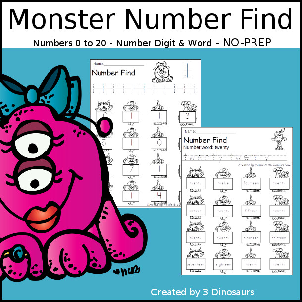 Monsters Number Find - easy to use no-prep printable numbers 0 to 20 $ - 3Dinosaurs.com