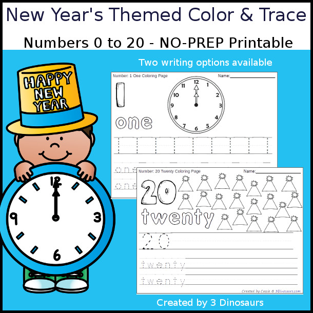 No-Prep New Year's Themed Number Color and Trace - easy no-prep printables with a fun new years theme 44 pages with two options for the numbers tracing or writing $ - 3Dinosaurs.com #noprepprintable #newyearsprintables #numbersforkids