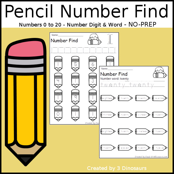 Pencil Number Find - easy to use no-prep printable numbers 0 to 20 $ - 3Dinosaurs.com