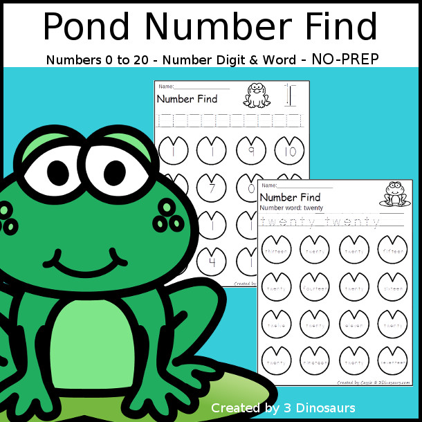 Pond Number Find Printable - with numbers from 0 to 20 with numerical number and number word to trace and find with a fun frog and lilly pad theme- 3Dinosaurs.com