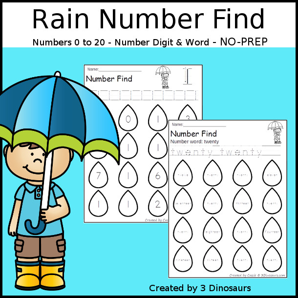 Rain Number Find - easy to use no-prep printable numbers 0 to 20 $ - 3Dinosaurs.com