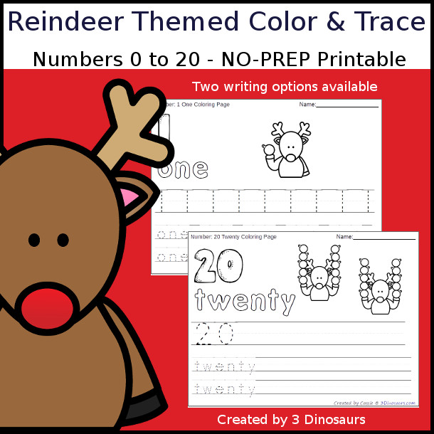 No-Prep Reindeer Themed Number Color and Trace - easy no-prep printables with a fun reindeer theme 44 pages with two options for the numbers tracing or writing $ - 3Dinosaurs.com #noprepprintable #christmasprintables #numbersforkids