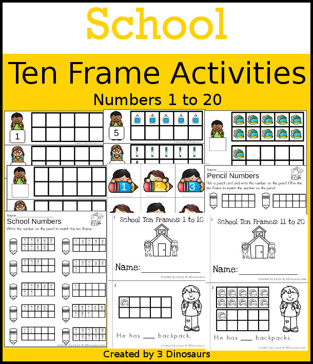 School Themed Ten Frame Printables: No-Prep & Hands-On - 168 pages of printables working on ten frame activities for numbers 1 to 20 with hands-on and no-prep: cards, worksheets and easy reader books - 3Dinosaurs.com #handsonmath #teacherspayteachers #tenframe #schoolprintablesforkids #printablesforkids