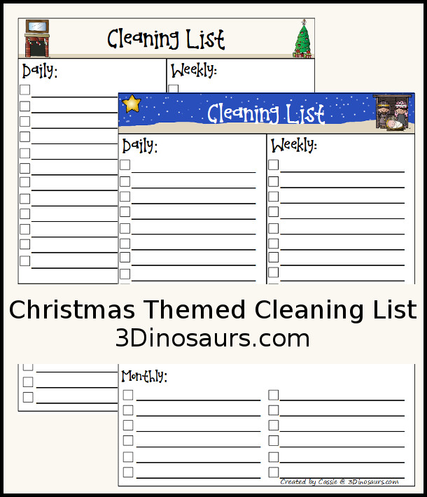 Free Monthly Cleaning Lists with 2 Christmas Themes - 3Dinosaurs.com