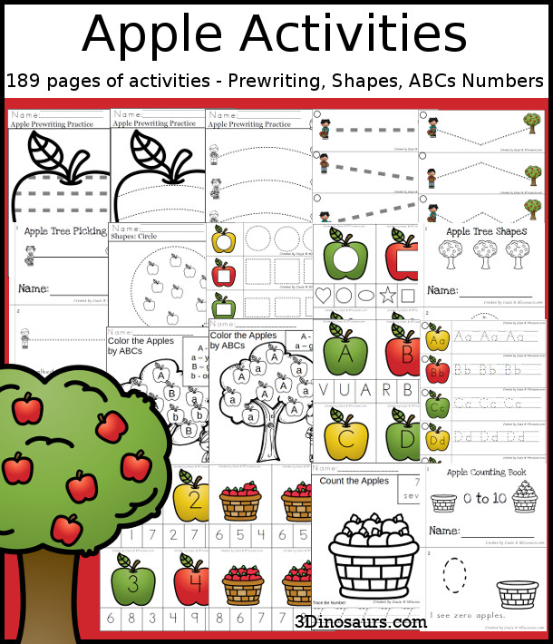 Apple Activities Pack with Prewriting, Shapes, ABCs, and Numbers - 191 pages of activities with no-prep pages, clip cards and tracing strips to help with learning skills. A great addition to any apple or fall theme you do. - 3Dinosaurs.com