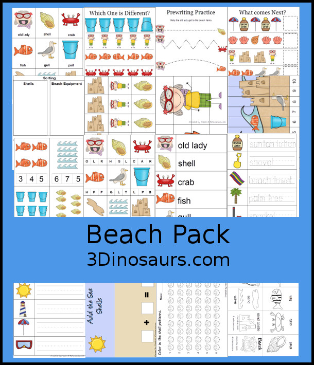 Free Beach Pack Printables- with beach themed printables for tot, preschool, prek, and kindergarten. Simple and easy use with fun hands-on activity and worksheets with a beach theme - 3Dinosaurs.com