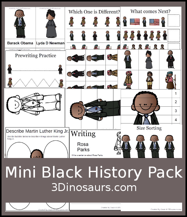 Free Mini Black History Month Pack with over 30 pages of activities for kids preshool to first grade - 3Dinosaurs.com