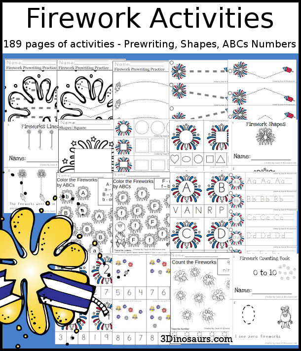 Firework Activities Pack with Prewriting, Shapes, ABCs, and Numbers - 191 pages of firework activities with no-prep pages, clip cards and tracing strips to help with learning skills. A great addition to any Firework activity or theme. - 3Dinosaurs.com