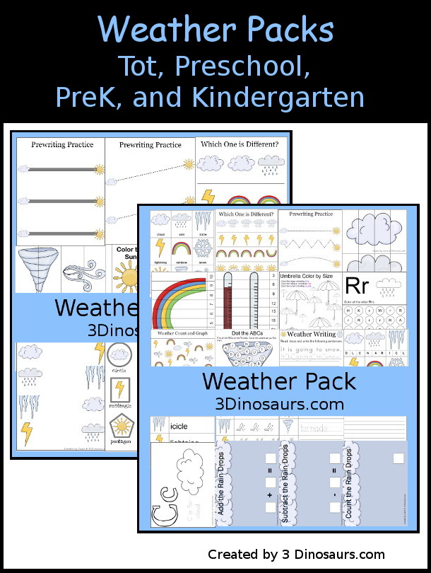 Free Weather Pack printables for tot, preschool, prek, and kindergarten. You can learn weather words with coloring matching, prewriting, puzzles and more in over 100 pages of printables. 3Dinosaurscom