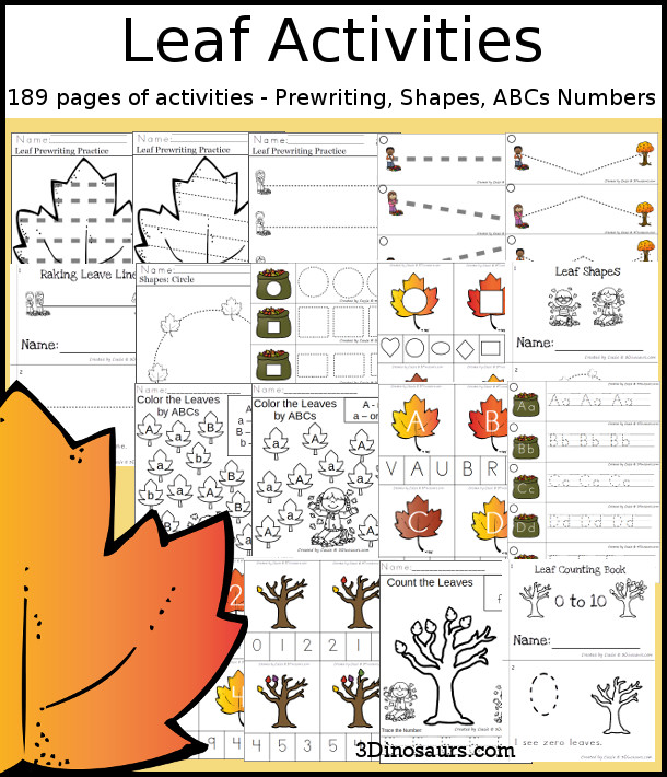 Leaf Activities Pack with Prewriting, Shapes, ABCs, and Numbers - 191 pages of activities with no-prep pages, clip cards and tracing strips to help with learning skills. A great addition to any leaf or fall theme you do. - 3Dinosaurs.com