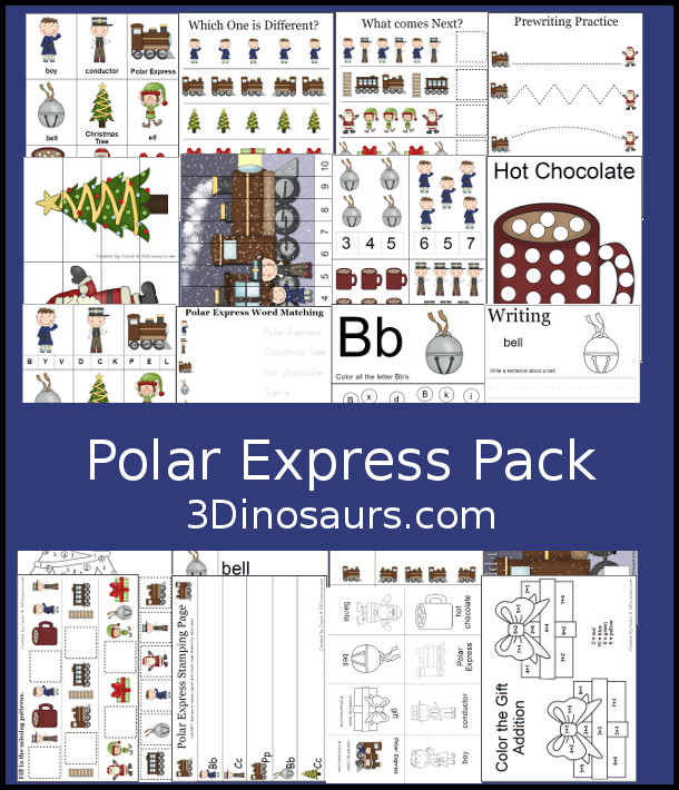 Polar Express Printable Pack - with over 70 pages of activities with clip cards, puzzles, 3 part cards, prewriting and more all around a polar express and santa themes for kids to learn with - 3Dinosaurs.com