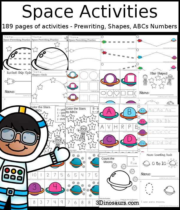 Space Activities Pack with Prewriting, Shapes, ABCs, and Numbers - 191 pages of activities with no-prep pages, clip cards and tracing strips to help with learning skills - 3Dinosaurs.com